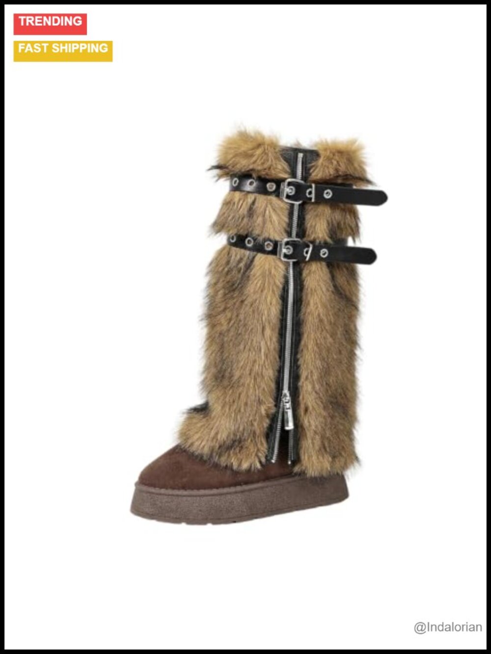 Faux Fur Knee High Platform Boots Buckle Zipper